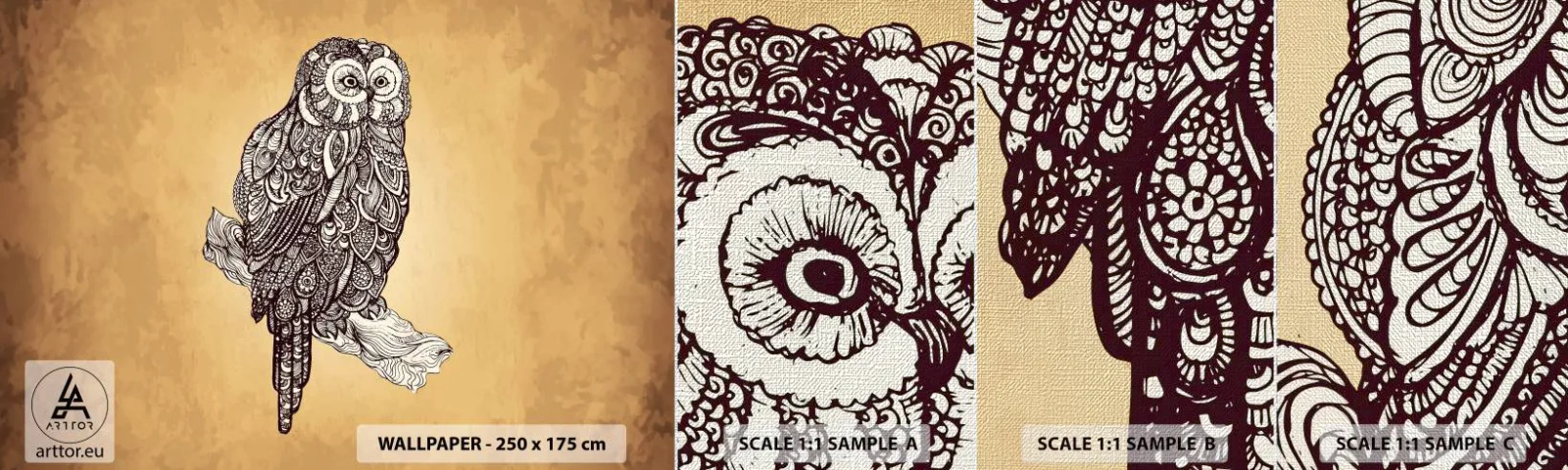 Échantillon de Papier Peint Premium Canvas - Ornements complexes de sagesse - Hibou, Oiseau, Animal - 100x30 cm