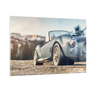 Impression sur verre - Image sur verre - Une voiture de sport avec des montagnes en arrière-plan - 120x80cm - Ce qui compte c'est le style - Décoration murale moderne pour le salon et la chambre ARTTOR