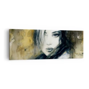 Impression sur toile - Image sur toile - Portrait d'une femme sur fond de taches abstraites dans les tons beiges - 140x50cm - plutôt innocente ou sensuelle ? - Décoration murale moderne pour le salon et la chambre ARTTOR