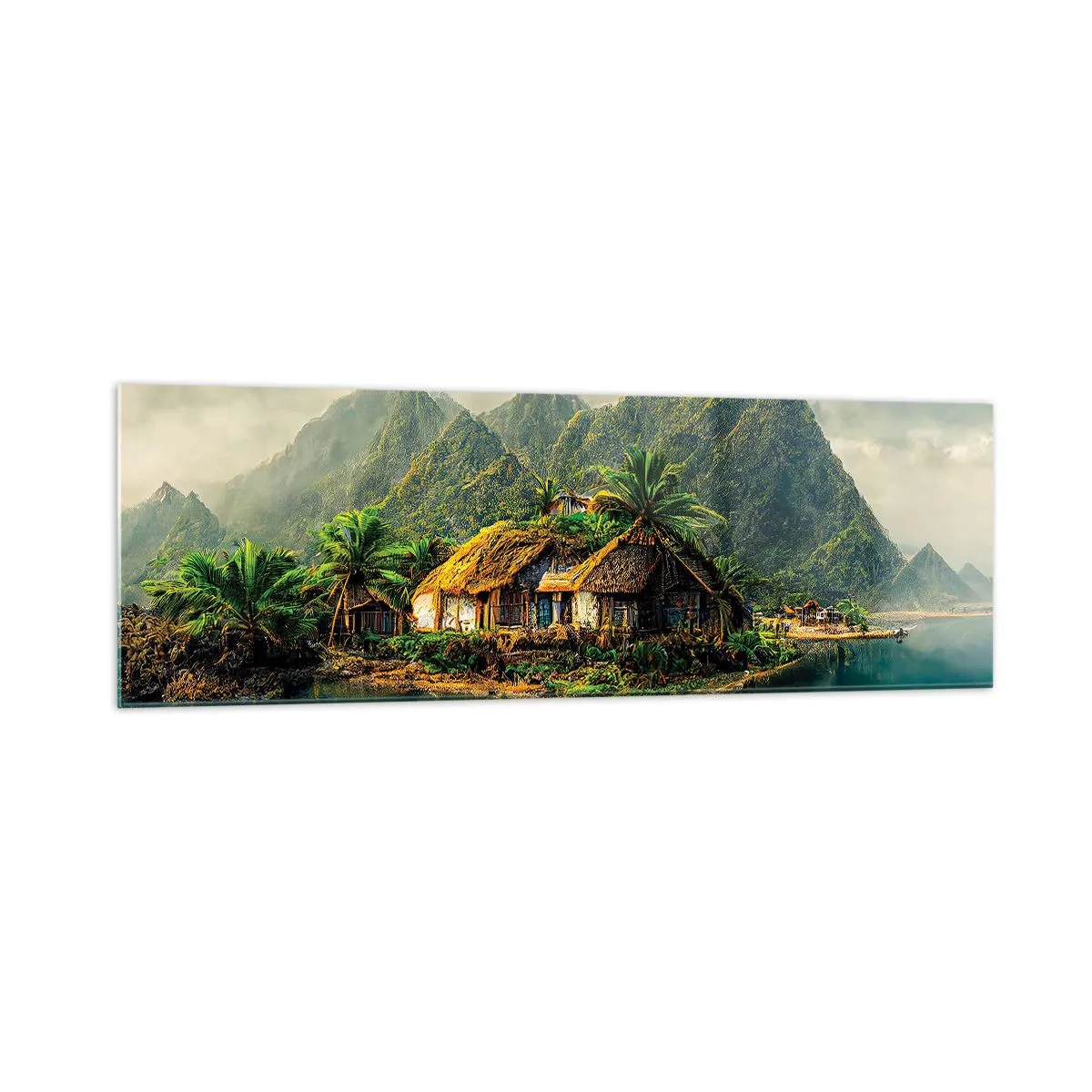 Impression sur verre - Image sur verre - Une île tropicale avec des palmiers et des montagnes en arrière-plan - 160x50cm - Paradis tropical - Décoration murale moderne pour le salon et la chambre ARTTOR