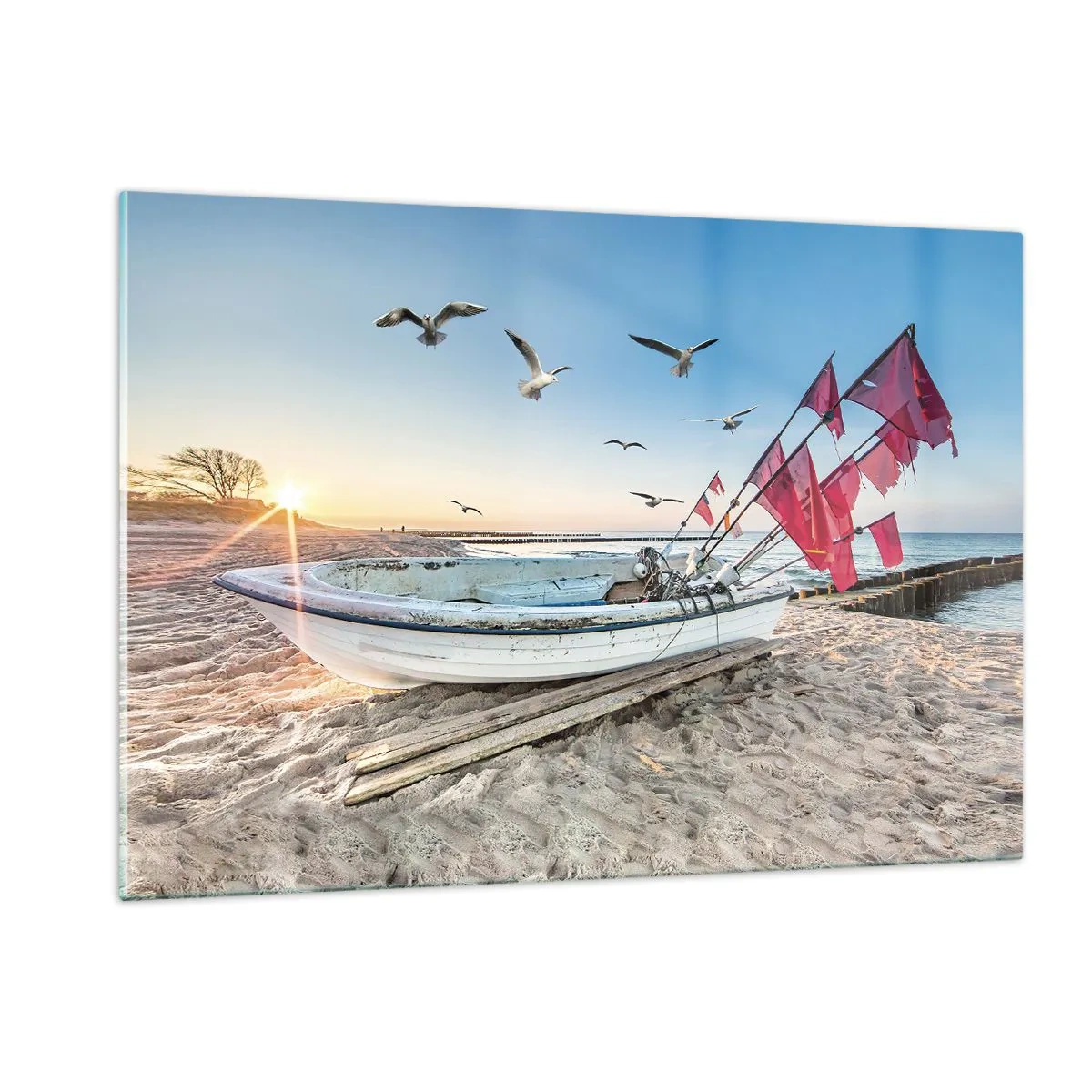 Impression sur verre - Image sur verre - Bateau de pêche sur la plage au lever du soleil - 120x80cm - Repos mérité - Décoration murale moderne pour le salon et la chambre ARTTOR