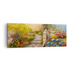 Impression sur toile - Image sur toile - Un jardin pittoresque avec une fontaine et des fleurs colorées - 140x50cm - En pleine floraison - Décoration murale moderne pour le salon et la chambre ARTTOR