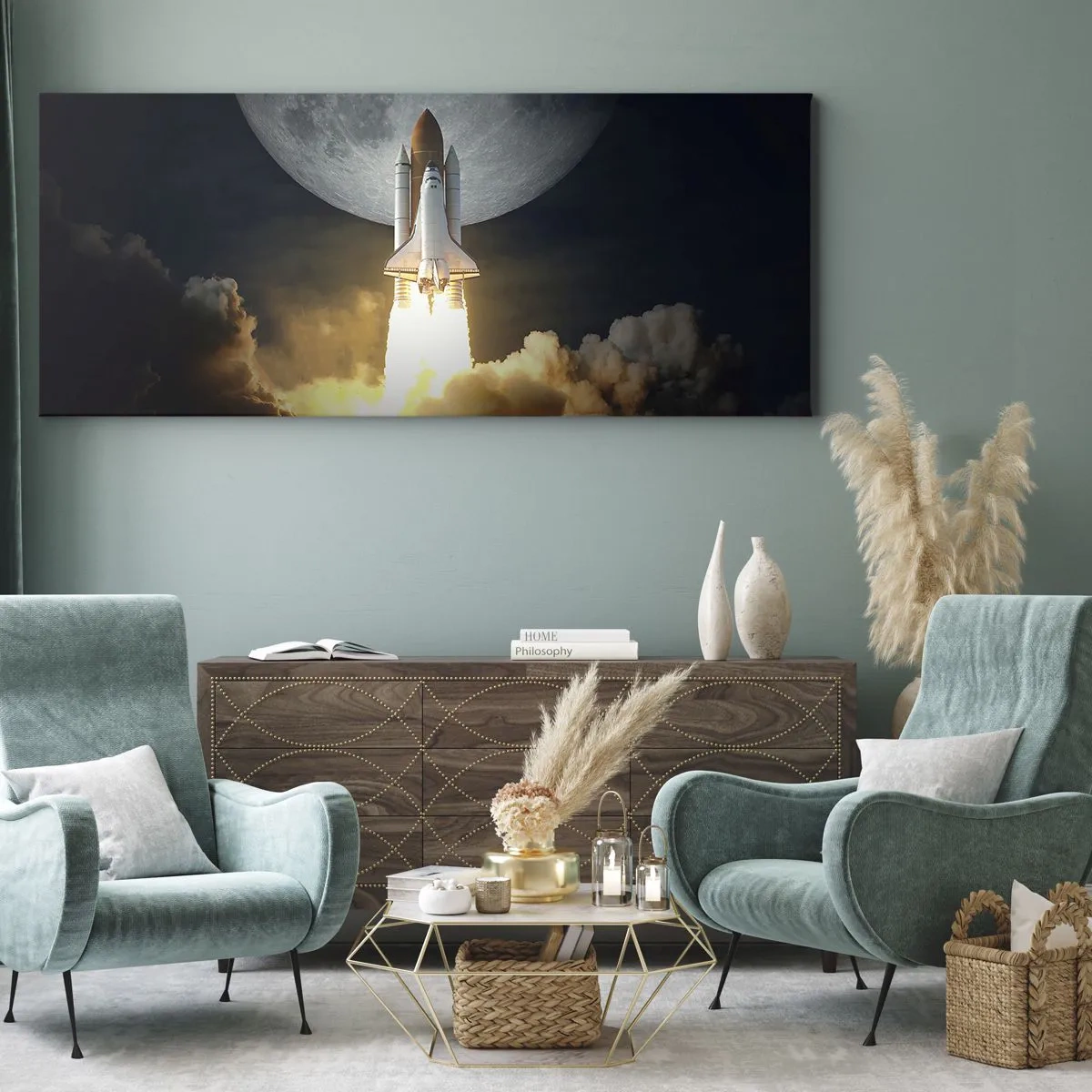 Impression sur toile - Image sur toile - Une fusée décollant sur fond de pleine lune entourée de nuages dynamiques. - 120x50cm - Le début d'une aventure surnaturelle - Décoration murale moderne pour le salon et la chambre ARTTOR