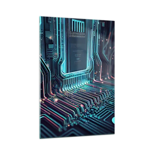 Impression sur verre - Image sur verre - Circuit imprimé technologique avec pistes lumineuses - 70x100cm - Je pense comme ça… - Décoration murale moderne pour le salon et la chambre ARTTOR