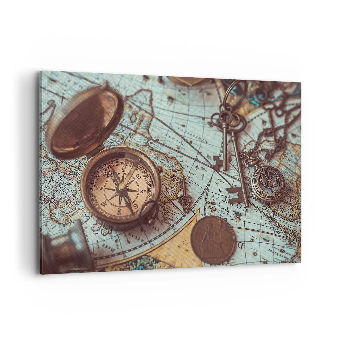 Impression sur toile - Image sur toile - Composition avec une boussole, des clés et une vieille carte dans un style rétro - 100x70cm - Pour ceux qui recherche l'aventure - Décoration murale moderne pour le salon et la chambre ARTTOR