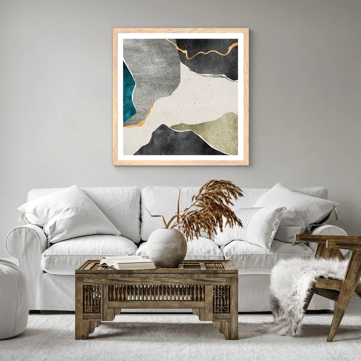 Affiche dans un chêne clair - Poster - Composition mosaïque avec un fil d'or - 60x60 cm