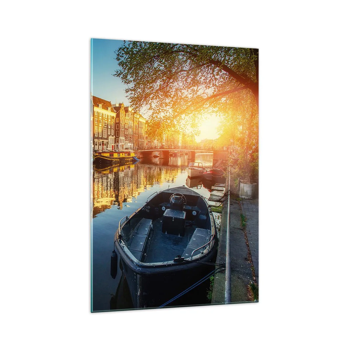 Impression sur verre - Image sur verre - Canal d'Amsterdam au coucher du soleil - 70x100cm - Début de journée à Amsterdam - Décoration murale moderne pour le salon et la chambre ARTTOR