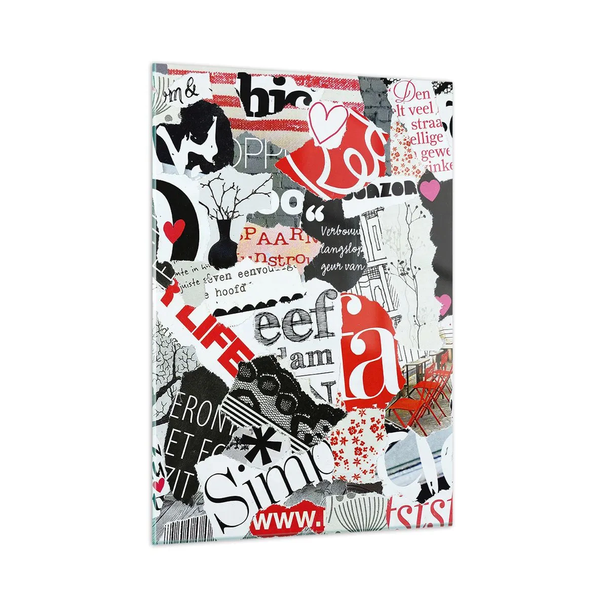Impression sur verre - Image sur verre - Un collage de lettres, de cœurs et d'arbres dans un style artistique. - 50x70cm - Collage hipster - Décoration murale moderne pour le salon et la chambre ARTTOR