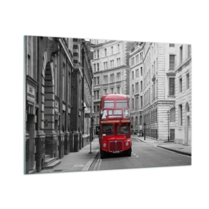 Impression sur verre - Image sur verre - Un bus rouge parmi les rues monochromes de la ville - 100x70cm - La vie de tous les jours ne doit pas être grise - Décoration murale moderne pour le salon et la chambre ARTTOR