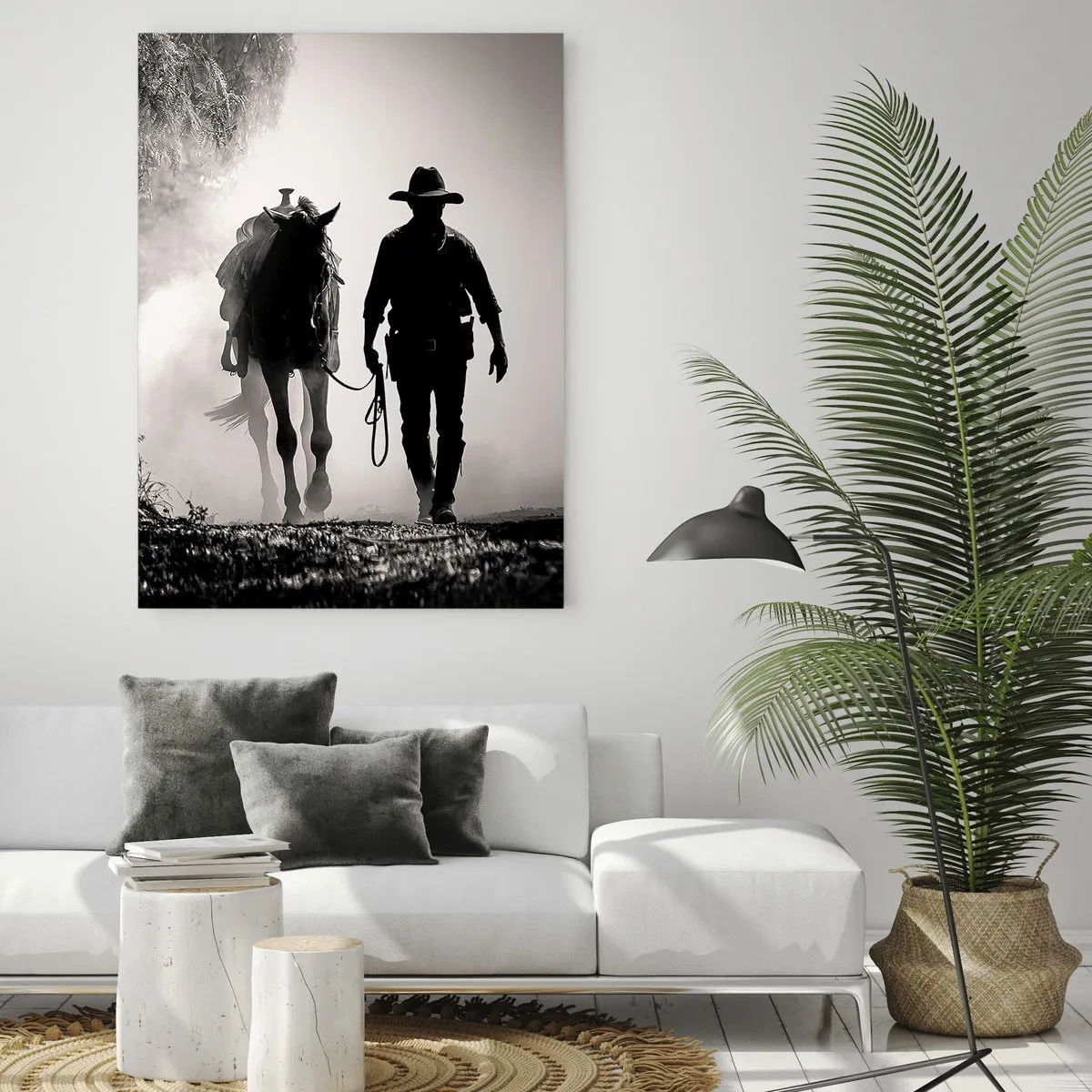 Impression sur verre - Image sur verre - Cowboy avec cheval dans le brouillard matinal - 70x100cm - Matinée texane - Décoration murale moderne pour le salon et la chambre ARTTOR