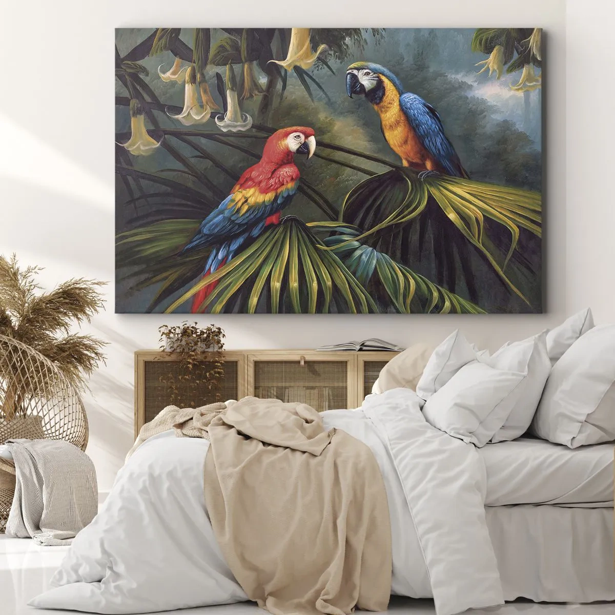 Impression sur toile - Image sur toile - Perroquets dans une forêt tropicale avec des fleurs exotiques en arrière-plan - 120x80cm - Romantisme dans les tropiques - Décoration murale moderne pour le salon et la chambre ARTTOR