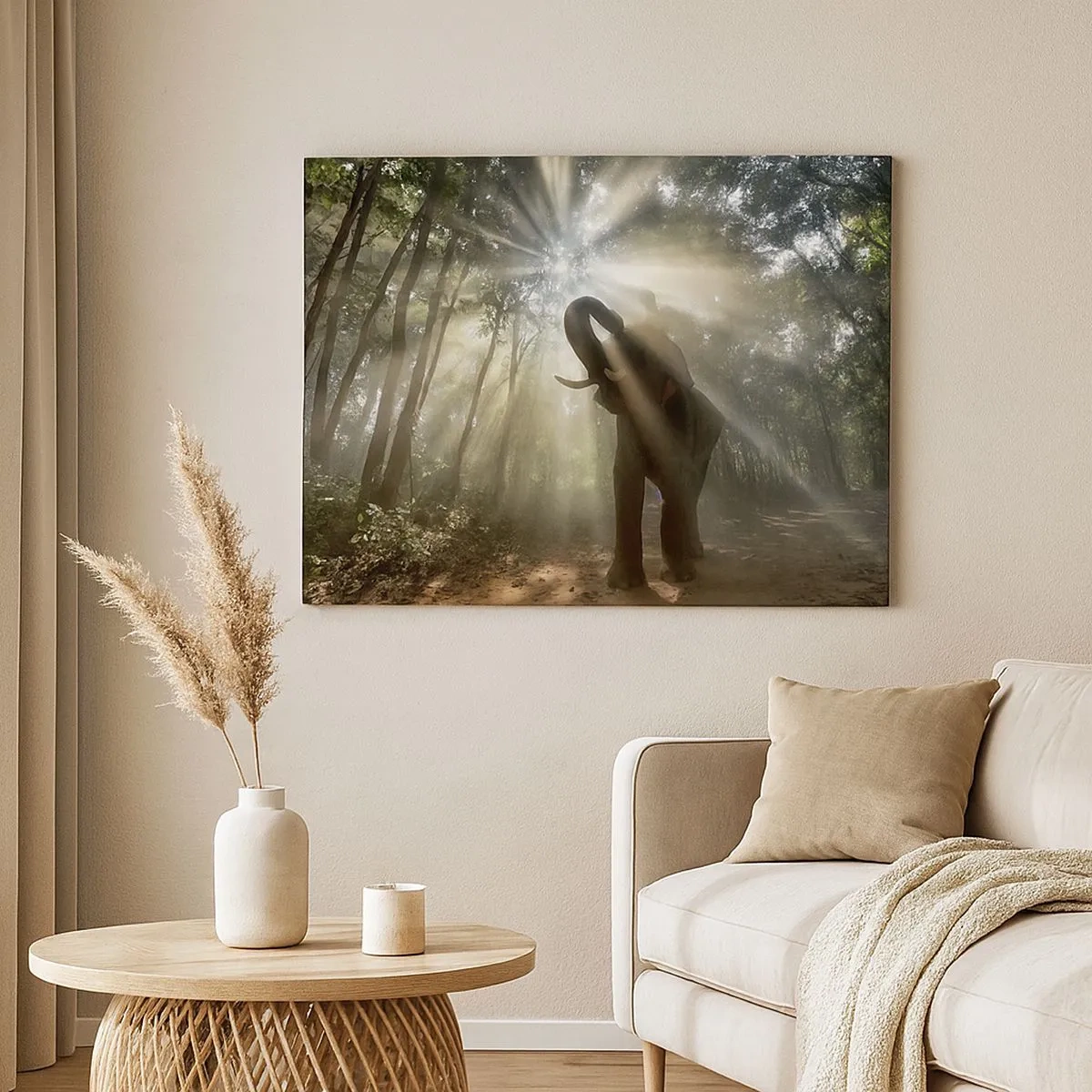 Impression sur toile - Image sur toile - Un éléphant dans la forêt entouré de rayons de lumière dans la brume matinale - 70x50cm - Sous la bonne étoile - Décoration murale moderne pour le salon et la chambre ARTTOR