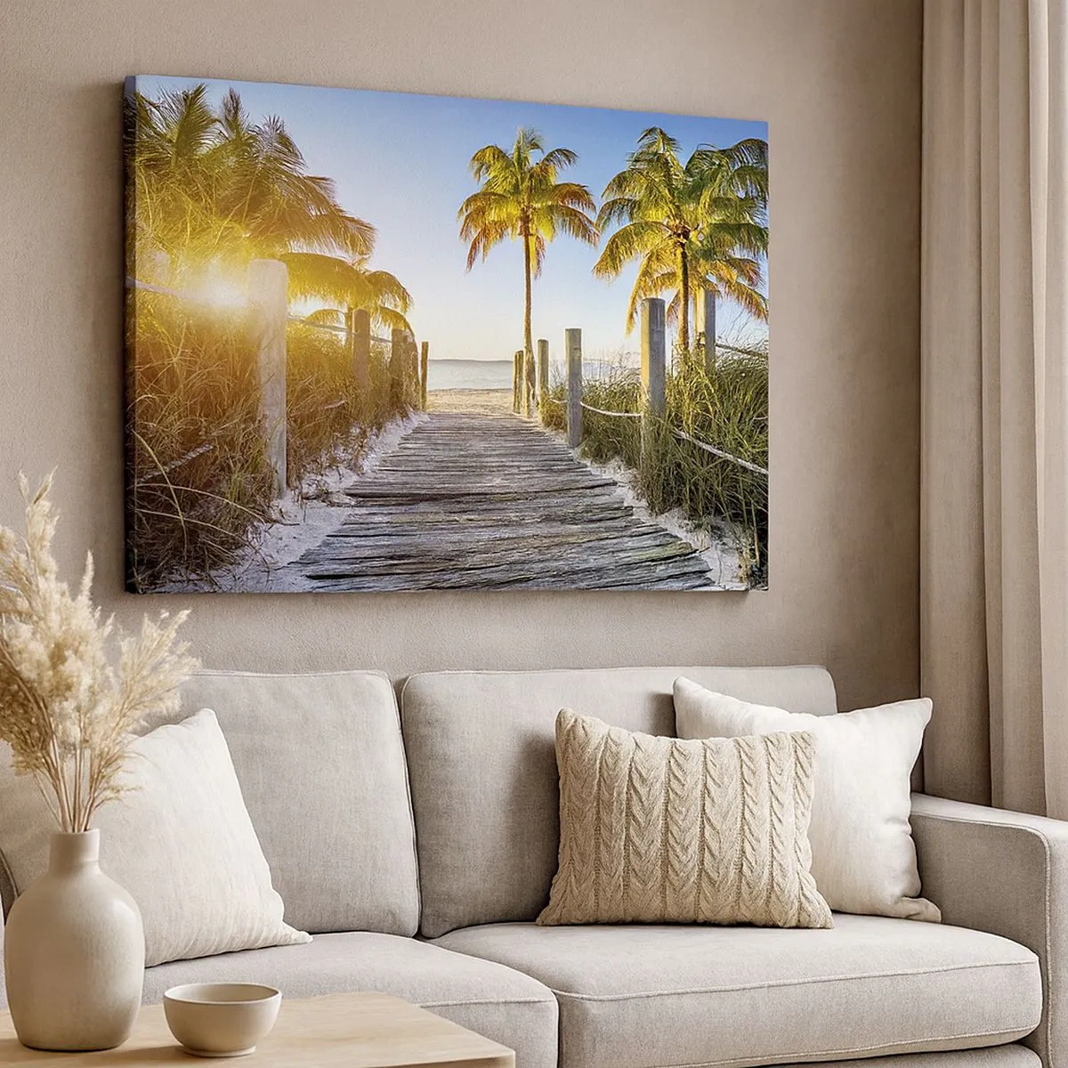 Impression sur toile - Image sur toile - Chemin en bois sur la plage avec des palmiers en arrière-plan - 70x50cm - Directement au paradis - Décoration murale moderne pour le salon et la chambre ARTTOR