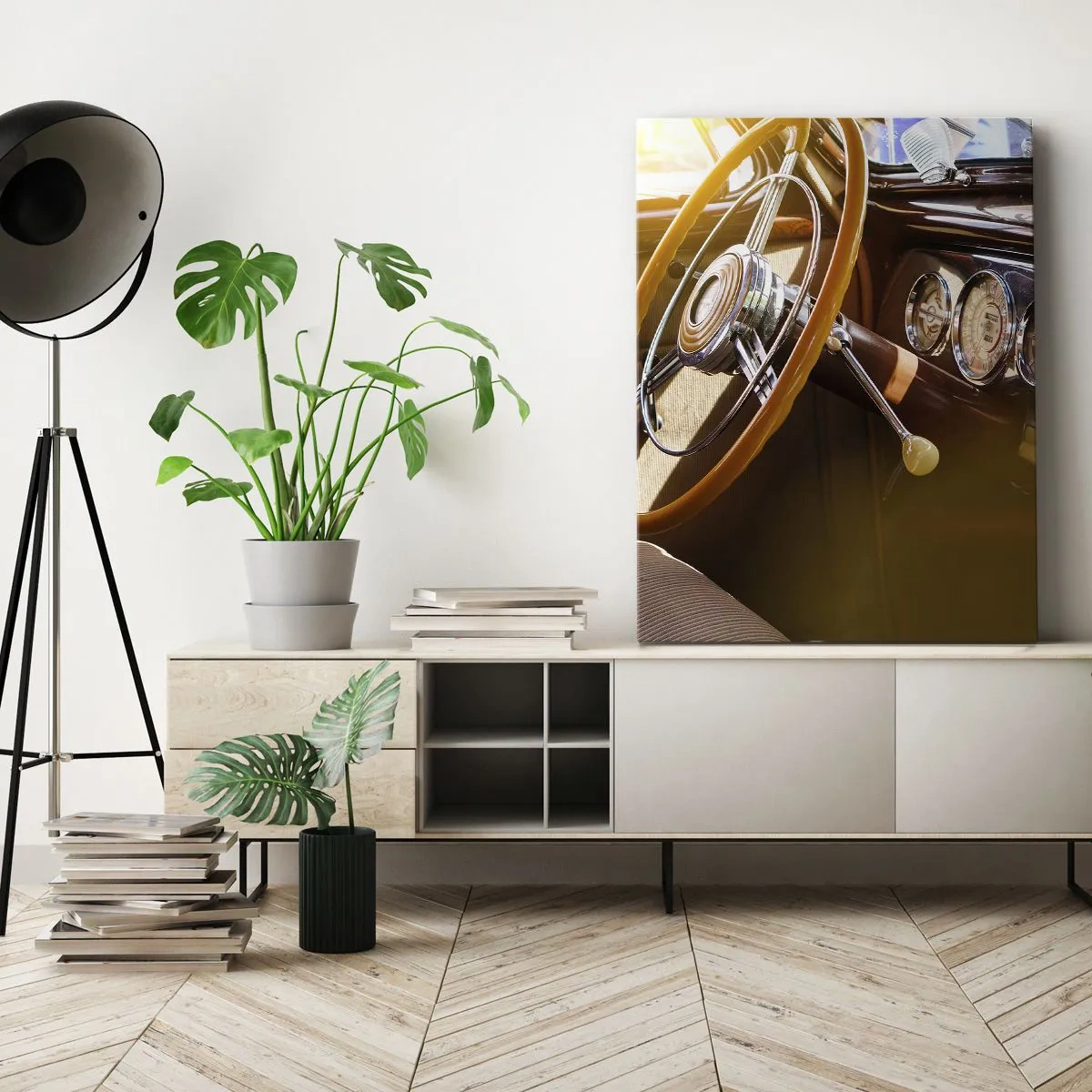 Impression sur toile - Image sur toile - Gros plan de l'intérieur d'une voiture classique avec des détails en bois et en chrome. - 80x120cm - Souffle de luxe venu du passé - Décoration murale moderne pour le salon et la chambre ARTTOR