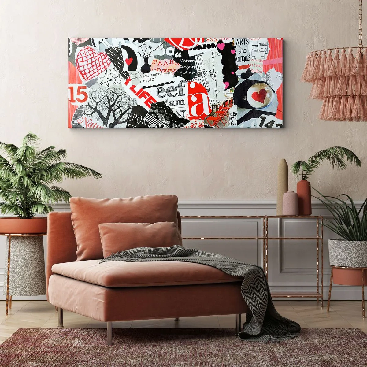 Impression sur toile - Image sur toile - Un collage coloré avec des inscriptions, des cœurs et des graphiques. - 120x50cm - Collage hipster - Décoration murale moderne pour le salon et la chambre ARTTOR