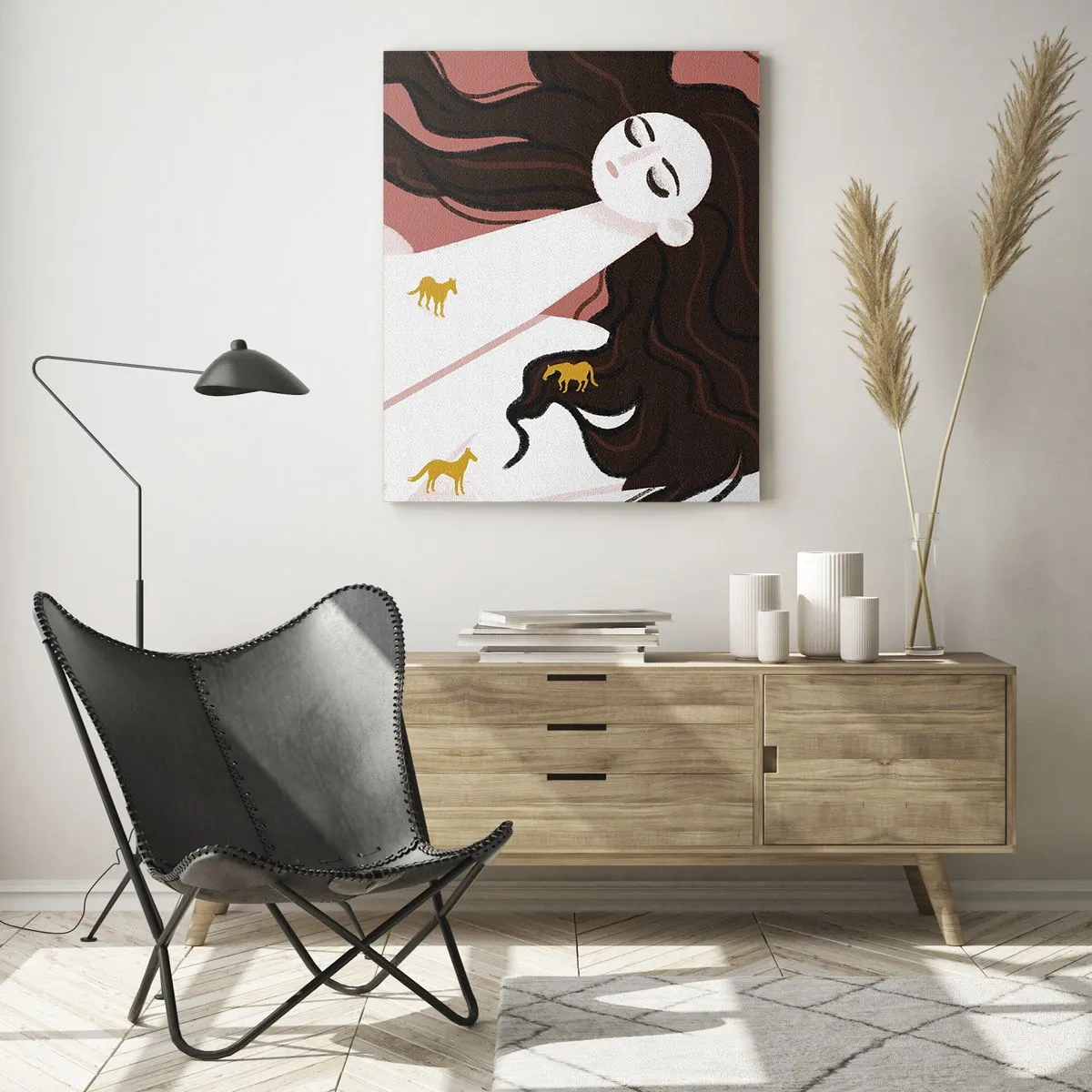 Impression sur verre - Image sur verre - Une femme aux cheveux longs et aux chevaux dorés sur fond rose. - 50x70cm - Rêve d'un cheval d'or - Décoration murale moderne pour le salon et la chambre ARTTOR