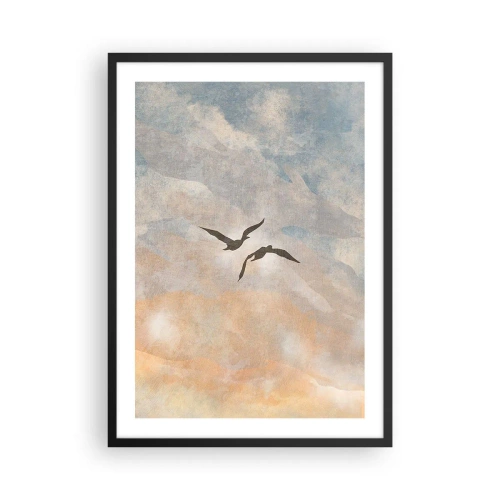 Affiche dans un cadre noir - Poster - Deux oiseaux volant dans le ciel, dans des tons délicats de bleu et d'orange. - 50x70cm - Danse du ciel - Décoration murale moderne pour le salon et la chambre ARTTOR