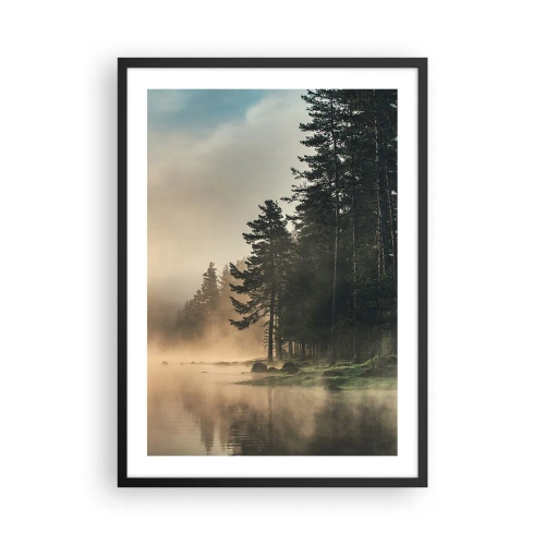 Affiche dans un cadre noir - Poster - Paysage forestier brumeux sur un lac calme - 50x70cm - Naissance du jour - Décoration murale moderne pour le salon et la chambre ARTTOR