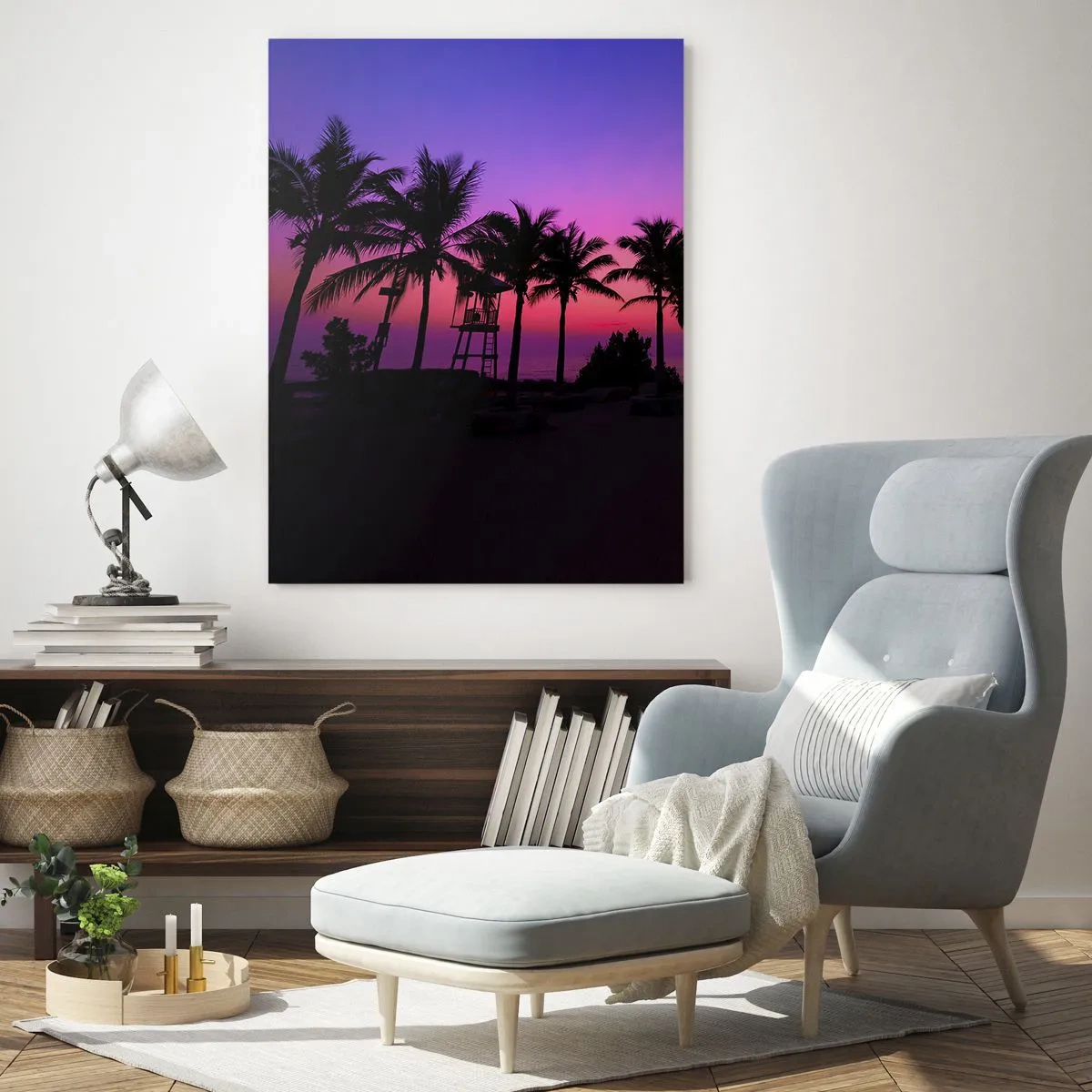 Impression sur verre - Image sur verre - Silhouettes de palmiers sur un ciel de coucher de soleil rose-violet - 80x120cm - Soirée sous les palmiers - Décoration murale moderne pour le salon et la chambre ARTTOR