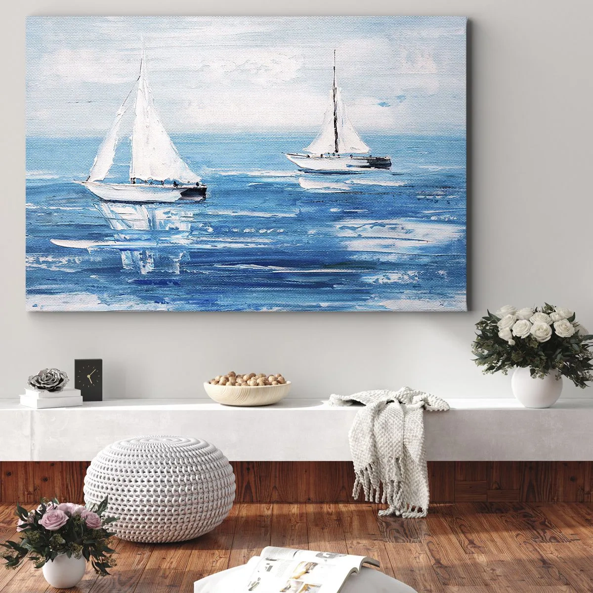 Impression sur toile - Image sur toile - Yachts sur la mer bleue dans un style artistique - 70x50cm - Avec un ami à mes côtés - Décoration murale moderne pour le salon et la chambre ARTTOR