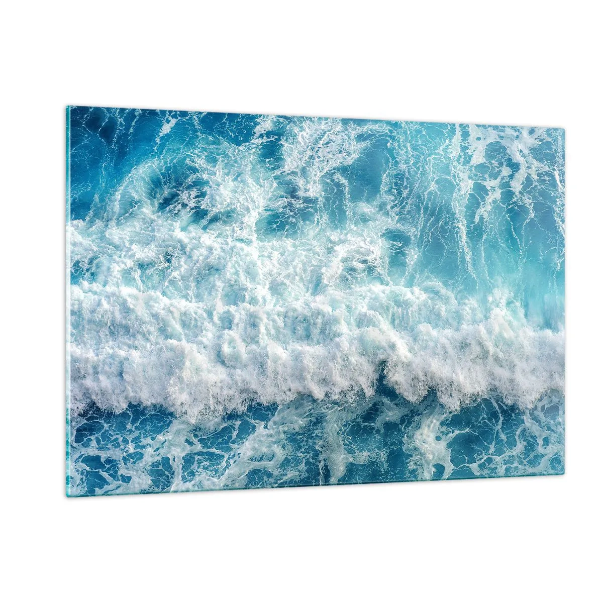 Impression sur verre - Image sur verre - Des vagues bleues s'écrasant sur le rivage - 120x80cm - Joyeusement et en sautant - Décoration murale moderne pour le salon et la chambre ARTTOR