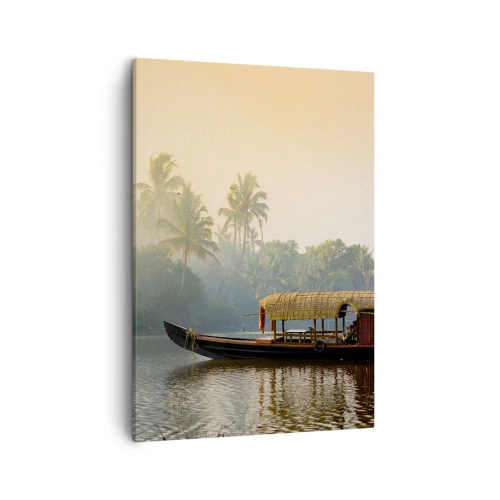 Impression sur toile - Image sur toile - Un bateau traditionnel sur une rivière calme parmi les palmiers - 50x70cm - Maison sur la rivière - Décoration murale moderne pour le salon et la chambre ARTTOR