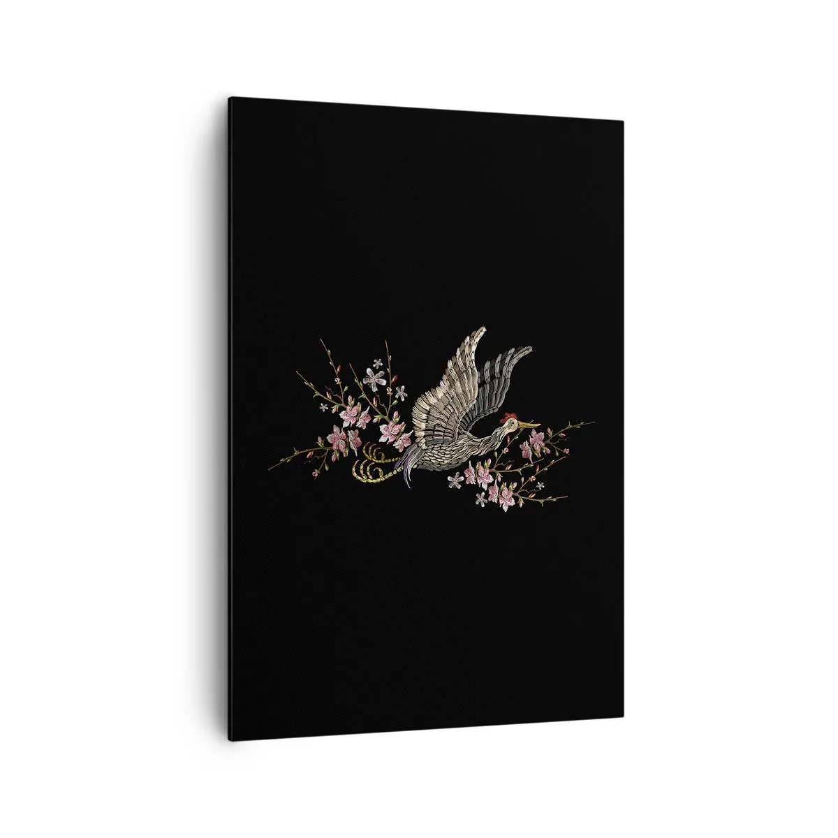 Impression sur toile - Image sur toile - Un oiseau en vol avec des fleurs sur fond noir - 70x100cm - Oiseau brodé exotique - Décoration murale moderne pour le salon et la chambre ARTTOR