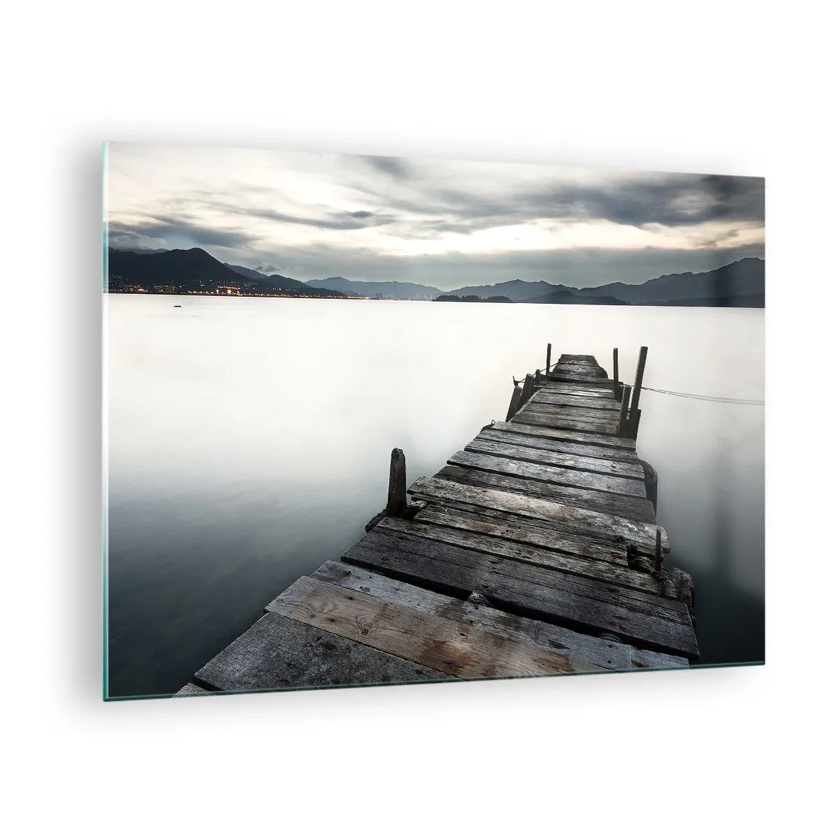 Impression sur verre - Image sur verre - Une jetée en bois sur fond de lac calme au crépuscule - 70x50cm - Immergez-vous dans la paix - Décoration murale moderne pour le salon et la chambre ARTTOR