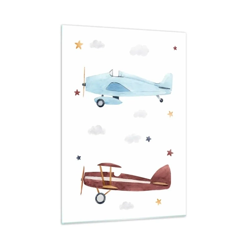 Impression sur verre - Image sur verre - Deux avions colorés parmi les étoiles et les nuages - 50x70cm - Monsieur le pilote, nous vous attendons ! - Décoration murale moderne pour le salon et la chambre ARTTOR
