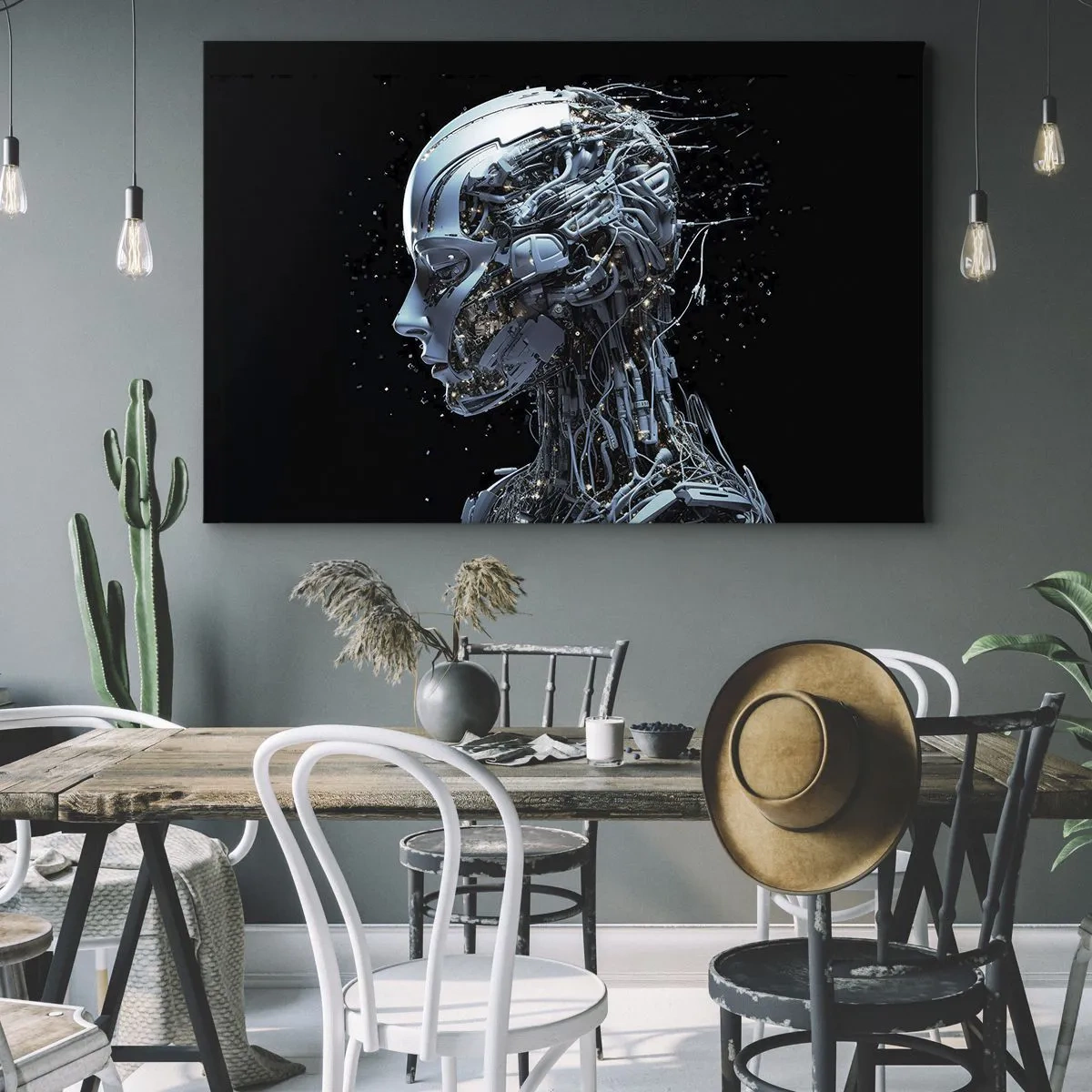Impression sur toile - Image sur toile - Portrait futuriste d'un cyborg dans un style industriel sur fond noir. - 120x80cm - La technologie est une femme - Décoration murale moderne pour le salon et la chambre ARTTOR
