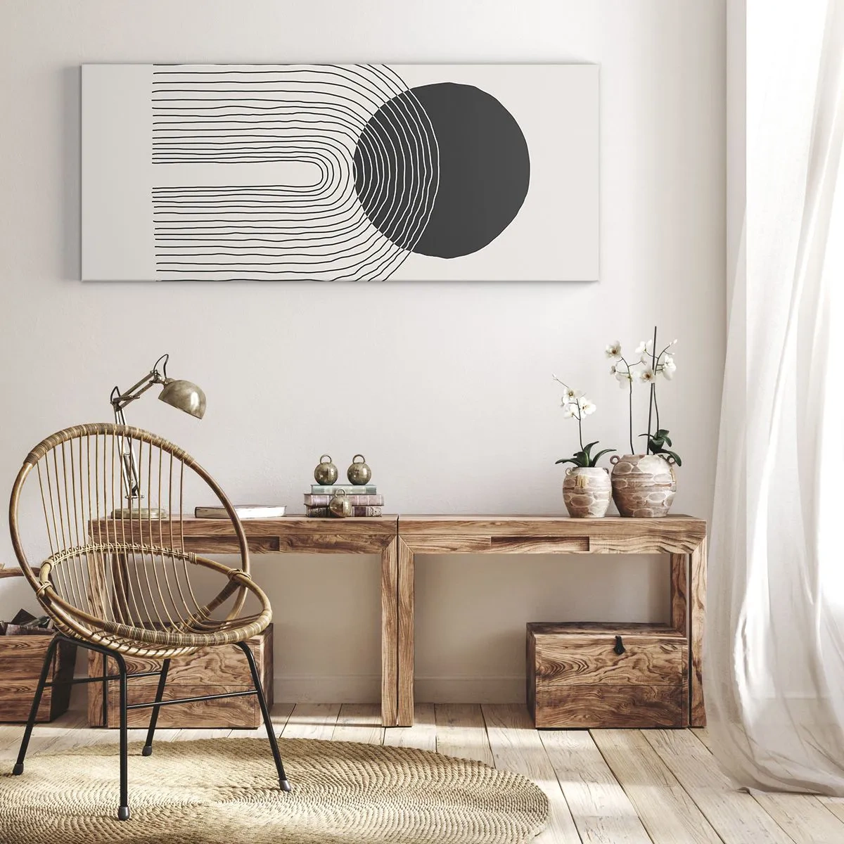 Impression sur toile - Image sur toile - Motif abstrait avec des lignes et un cercle noir sur un fond clair - 140x50cm - Tremblement et confiance - Décoration murale moderne pour le salon et la chambre ARTTOR