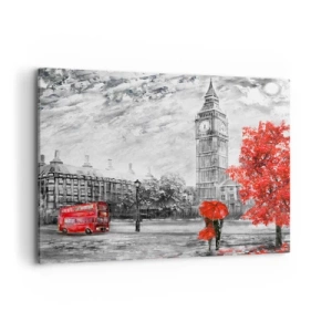 Impression sur toile - Image sur toile - Vue emblématique de Londres avec Big Ben, un bus rouge et un parapluie - 100x70cm - Une journée passionnante - Décoration murale moderne pour le salon et la chambre ARTTOR