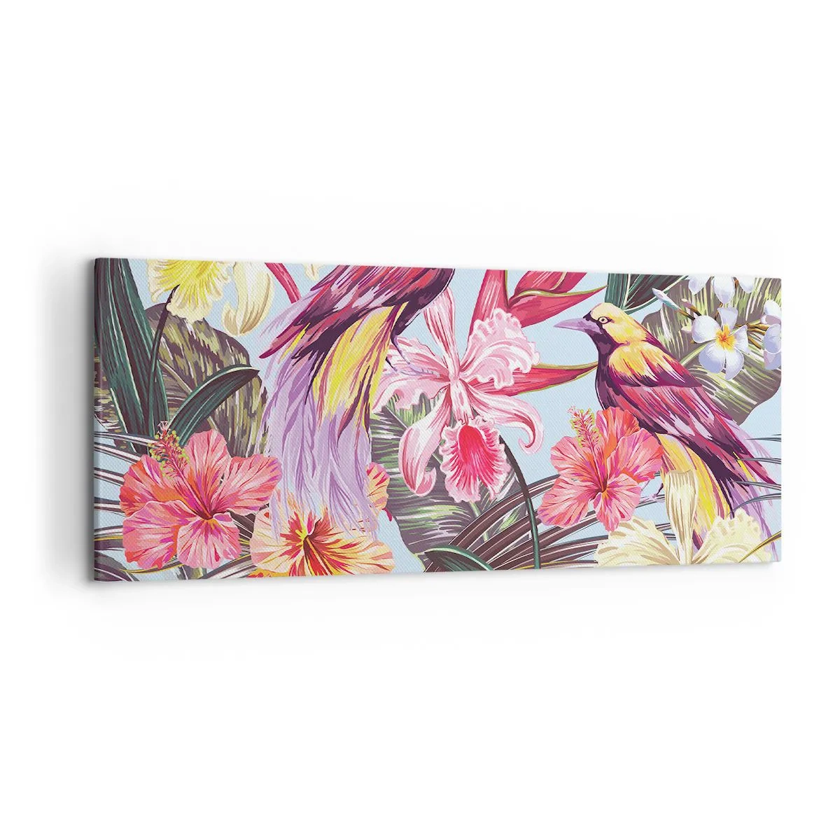 Impression sur toile - Image sur toile - Oiseaux exotiques parmi les fleurs tropicales - 120x50cm - Pétales et plumes - Décoration murale moderne pour le salon et la chambre ARTTOR