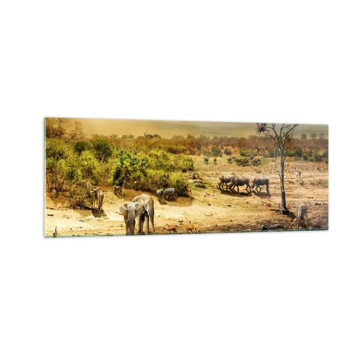 Impression sur verre - Image sur verre - Éléphants et animaux sauvages à un point d'eau au coucher du soleil - 140x50cm - "Et d'Eden coulait une rivière..." - Décoration murale moderne pour le salon et la chambre ARTTOR