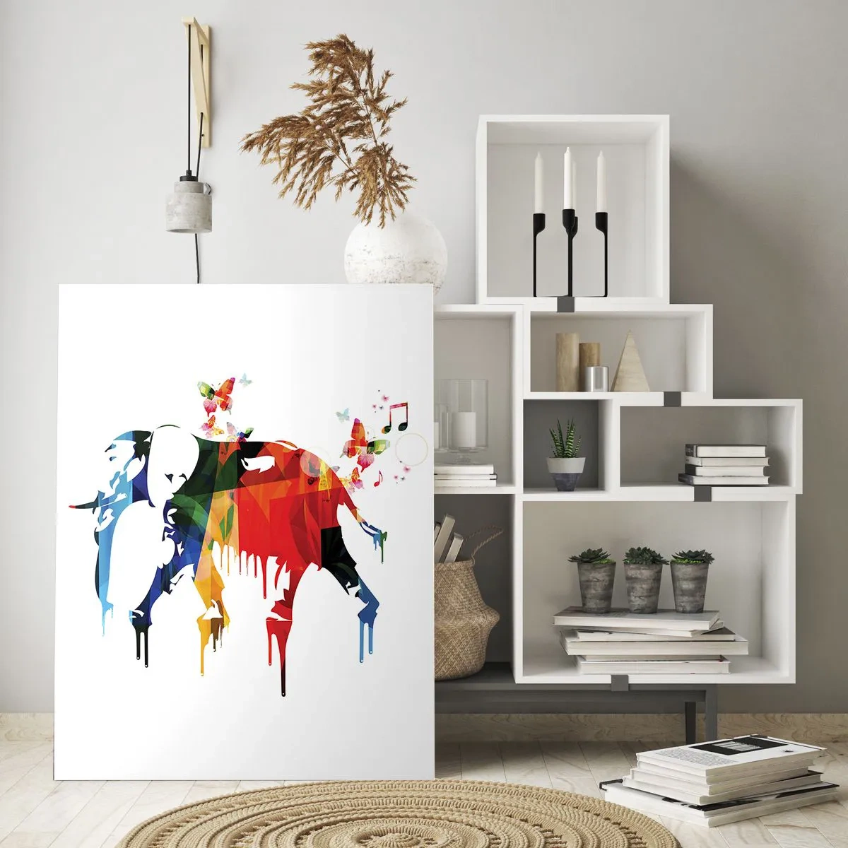 Impression sur verre - Image sur verre - Éléphant coloré avec des papillons dans un style géométrique moderne - 70x100cm - Tout le monde peut danser - Décoration murale moderne pour le salon et la chambre ARTTOR
