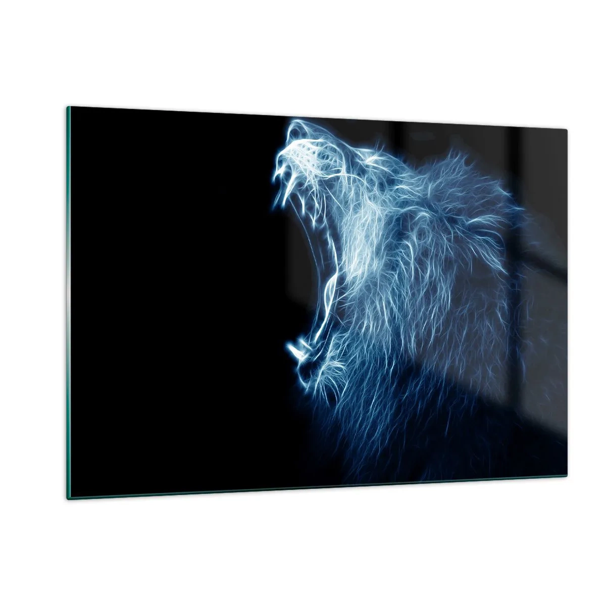 Impression sur verre - Image sur verre - Une représentation néon saisissante d'un lion rugissant sur fond noir. - 120x80cm - La colère ardente du roi - Décoration murale moderne pour le salon et la chambre ARTTOR