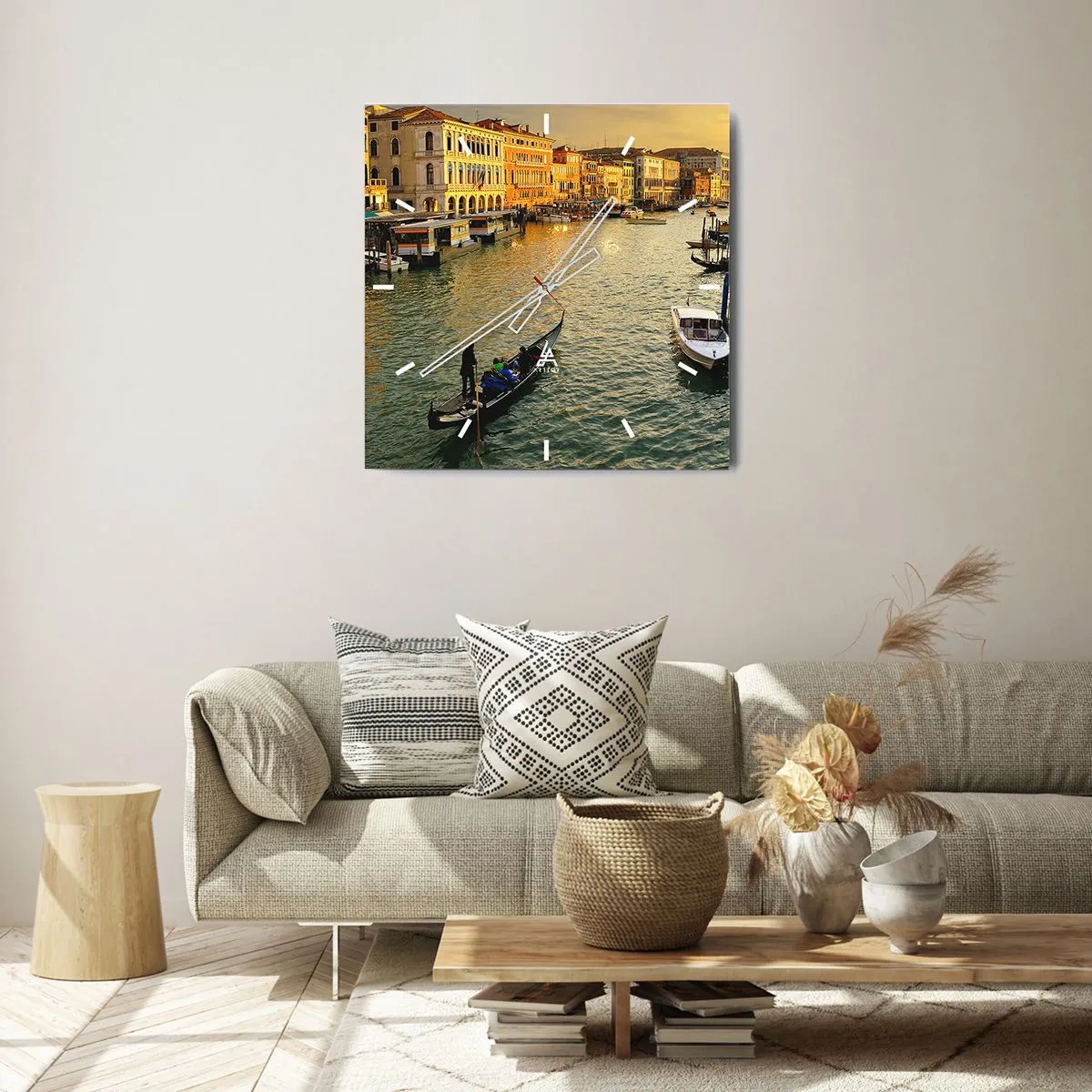 Horloge murale - Pendule murale - Gondole sur un canal de Venise au coucher du soleil - 30x30cm - Du côté ensoleillé de la rue - Décoration murale moderne pour le salon et la chambre ARTTOR
