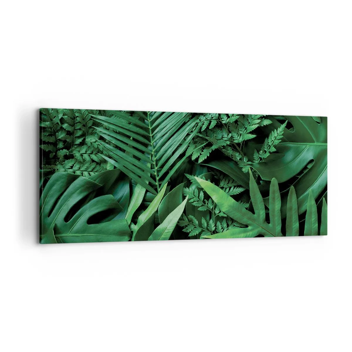 Impression sur toile - Image sur toile - Feuilles tropicales vertes dans une composition dense et naturelle - 120x50cm - Emmitouflé de verdure - Décoration murale moderne pour le salon et la chambre ARTTOR