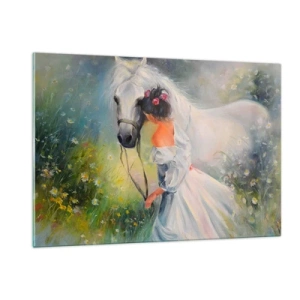Impression sur verre - Image sur verre - Une femme en robe blanche avec un cheval blanc dans un pré plein de fleurs. - 120x80cm - Comme dans un beau rêve - Décoration murale moderne pour le salon et la chambre ARTTOR