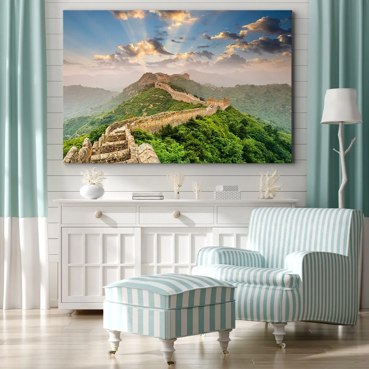 Impression sur toile - Image sur toile - La Grande Muraille de Chine illuminée par la lumière du soleil dans un paysage pittoresque - 100x70cm - Grandeur éternelle - Décoration murale moderne pour le salon et la chambre ARTTOR