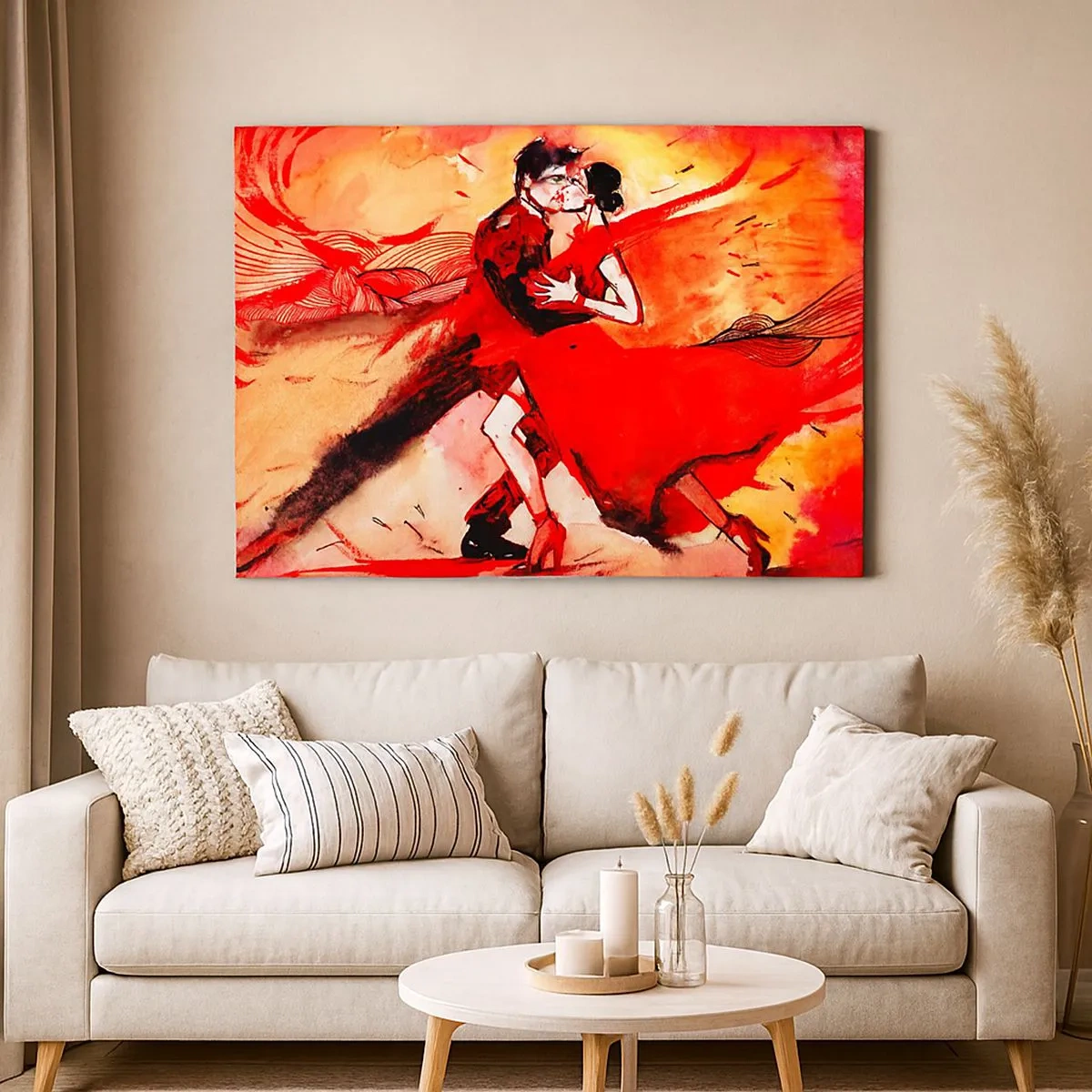Impression sur toile - Image sur toile - Un couple dansant le tango dans des tons rouges sur un fond dynamique. - 70x50cm - Le rythme violet de la passion - Décoration murale moderne pour le salon et la chambre ARTTOR