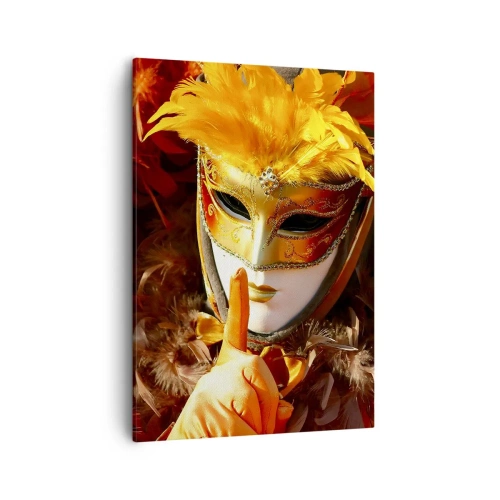 Impression sur toile - Image sur toile - Masque de carnaval aux tons or et orange - 50x70cm - Le secret est une partie du jeu - Décoration murale moderne pour le salon et la chambre ARTTOR