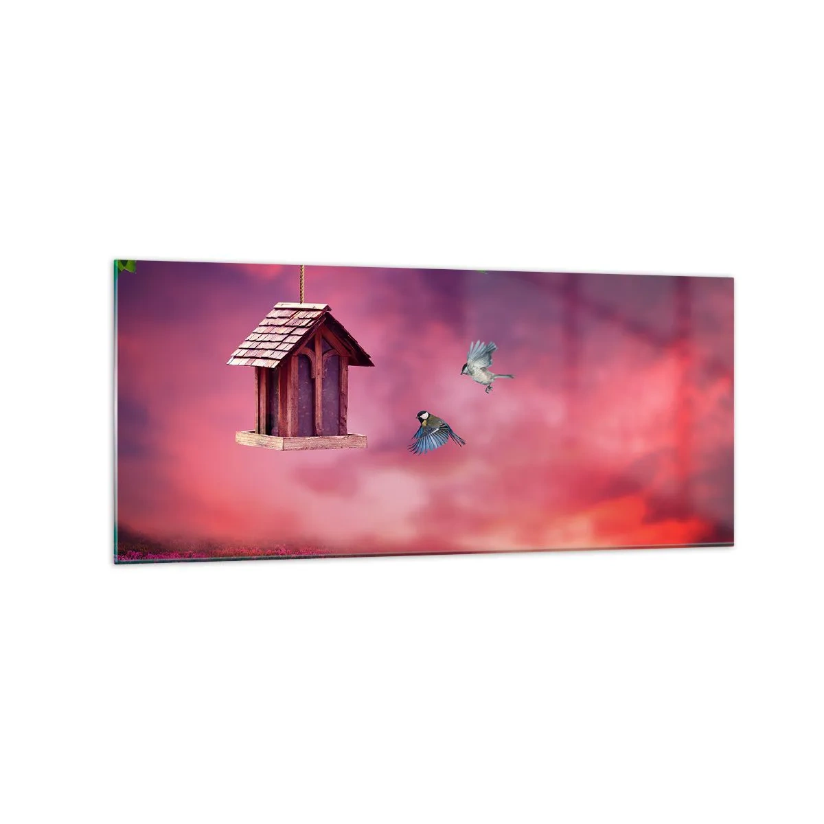 Impression sur verre - Image sur verre - Un paysage pittoresque avec un nichoir et un coucher de soleil - 120x50cm - Invitation à dîner - Décoration murale moderne pour le salon et la chambre ARTTOR