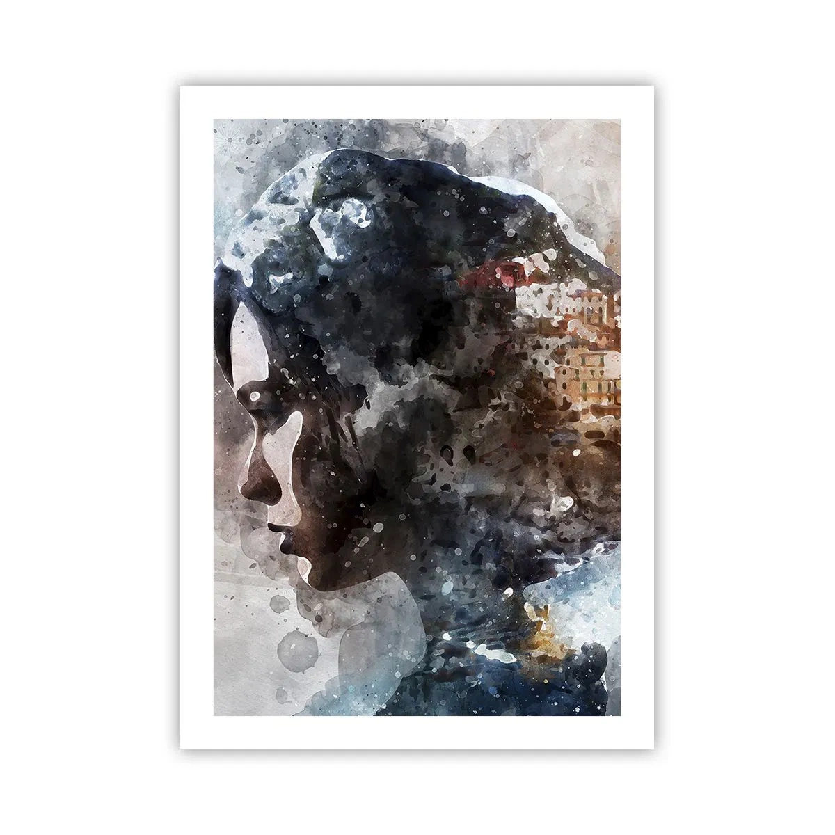 Affiche - Poster - Silhouette d'une femme avec un paysage à l'aquarelle en arrière-plan - 50x70cm - L'histoire d'une fille avec une ville en arrière-plan - Décoration murale moderne pour le salon et la chambre ARTTOR
