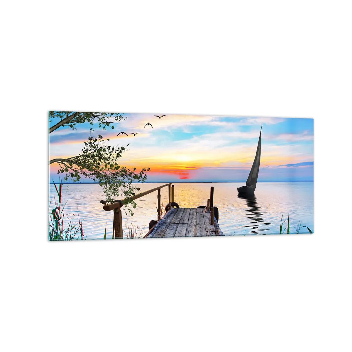 Impression sur verre - Image sur verre - Jetée du lac avec bateau et coucher de soleil - 120x50cm - Bonsoir! - Décoration murale moderne pour le salon et la chambre ARTTOR
