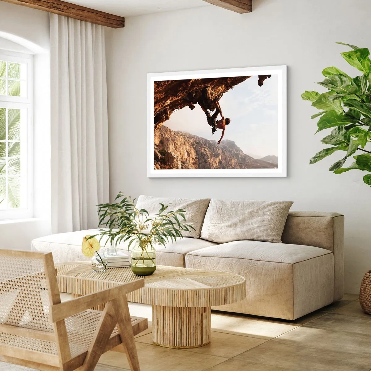 Affiche dans un cadre blanc - Poster - Le monde rétréci dans une main sur une coupe de rocher - 91x61 cm