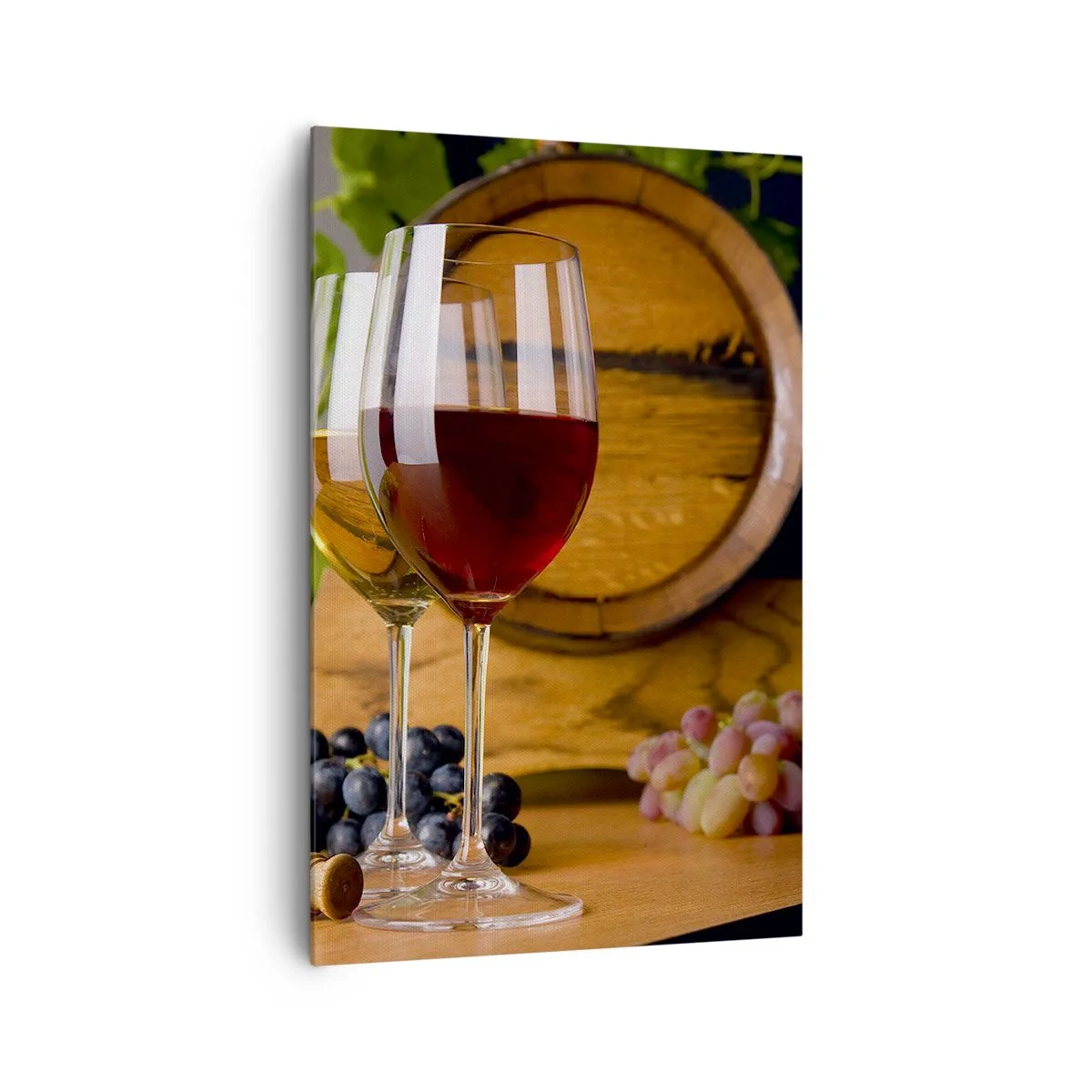 Impression sur toile - Image sur toile - Verres de vin avec des raisins, un tonneau et des bouteilles sur une table en bois - 80x120cm - Comme les vieux maîtres - Décoration murale moderne pour le salon et la chambre ARTTOR
