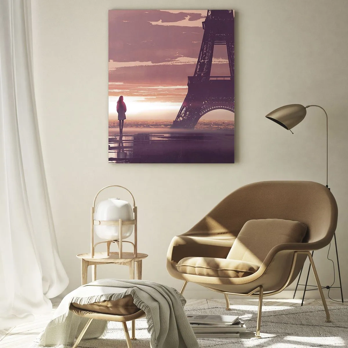 Impression sur verre - Image sur verre - Une silhouette regardant la Tour Eiffel à la lumière du soleil couchant - 80x120cm - Seulement deux d'entre eux - Décoration murale moderne pour le salon et la chambre ARTTOR