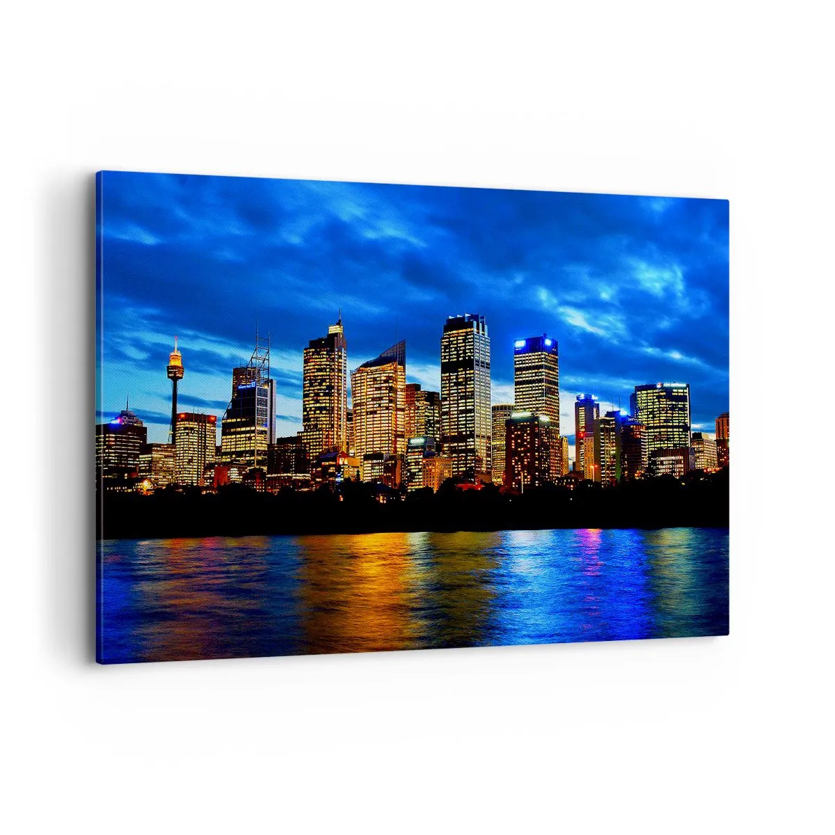Impression sur toile - Image sur toile - Panorama de la ville nocturne avec des gratte-ciel illuminés au-dessus de l'eau - 100x70cm - Une nuit de lumières et de couleurs - Décoration murale moderne pour le salon et la chambre ARTTOR