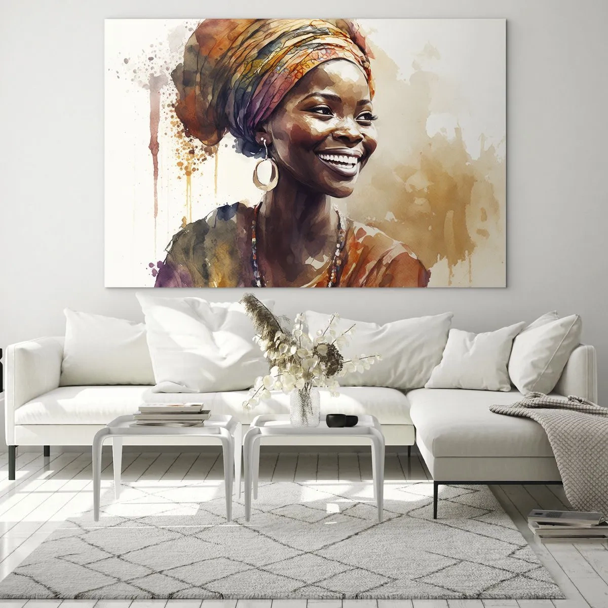 Impression sur verre - Image sur verre - Portrait à l'aquarelle d'une femme souriante portant un turban - 70x50cm - reine africaine - Décoration murale moderne pour le salon et la chambre ARTTOR